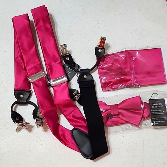NWOT Hisdern Hot Pink suspenders, bowtie & pocket square set - Picture 1 of 5